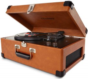 crosley suitcase turntable in yellow overall look